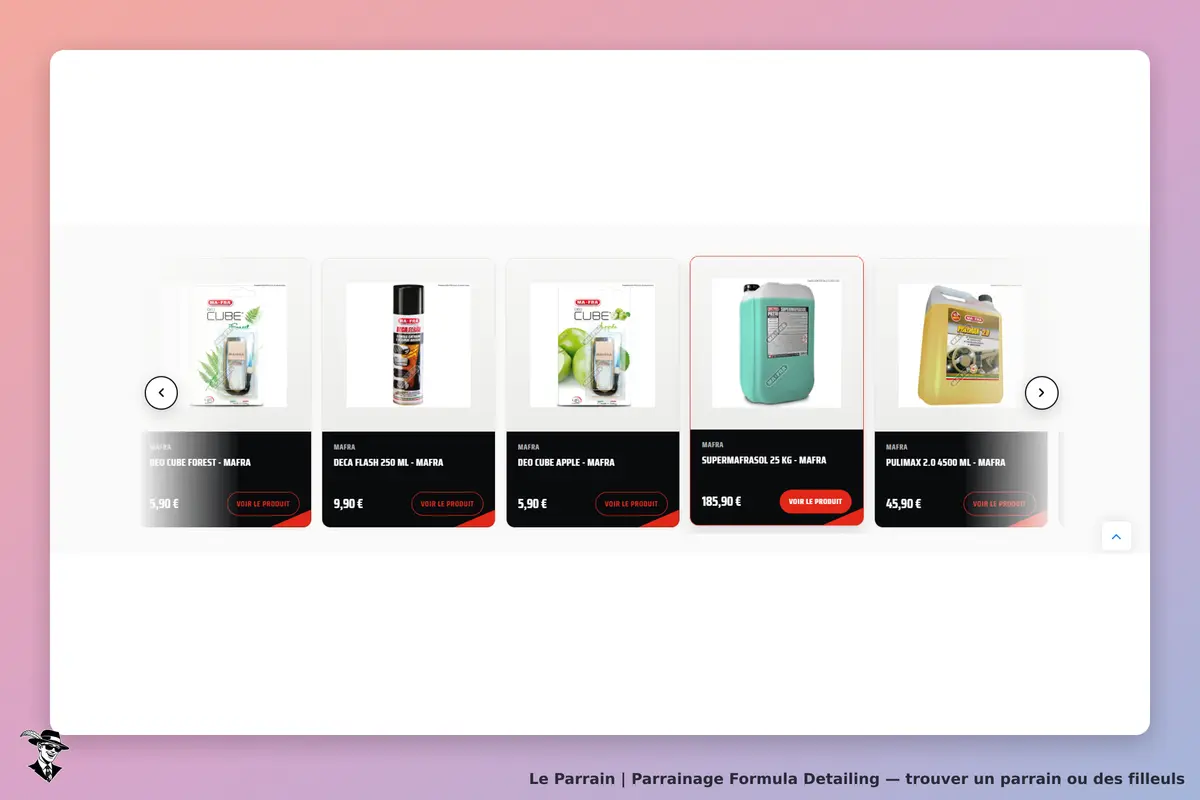 Formula Detailing : plusieurs produits de nettoyage automobile affichés sur la page d'accueil
