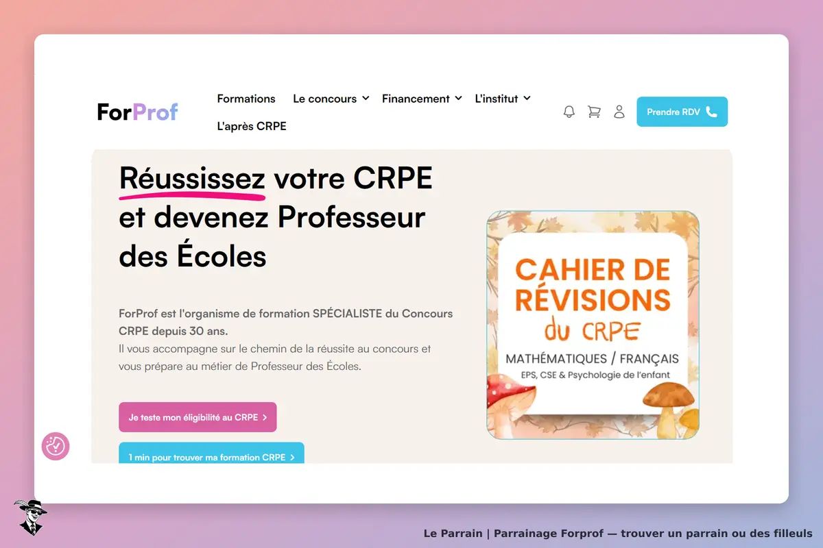 ForProf : page d'accueil avec titre sur le CRPE et visuel d'un cahier de révisions