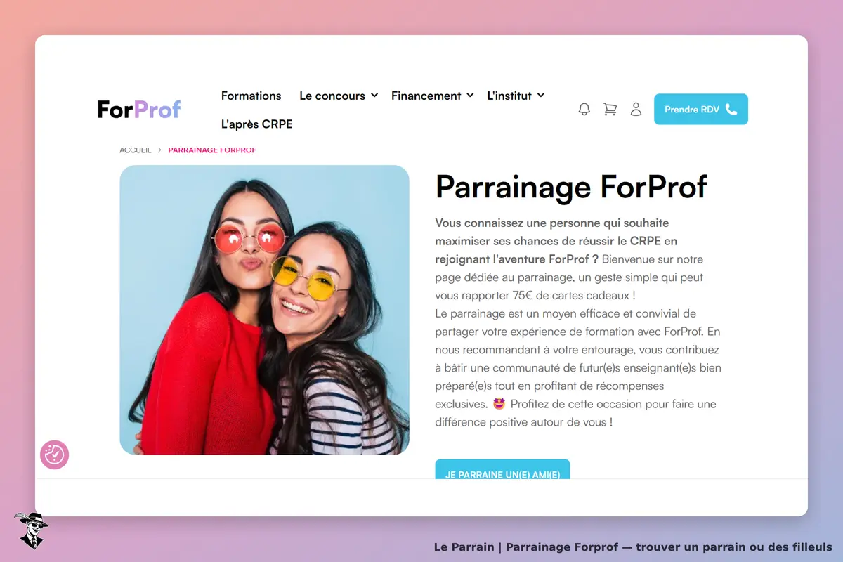 ForProf : page dédiée au parrainage avec deux jeunes femmes souriantes et texte explicatif