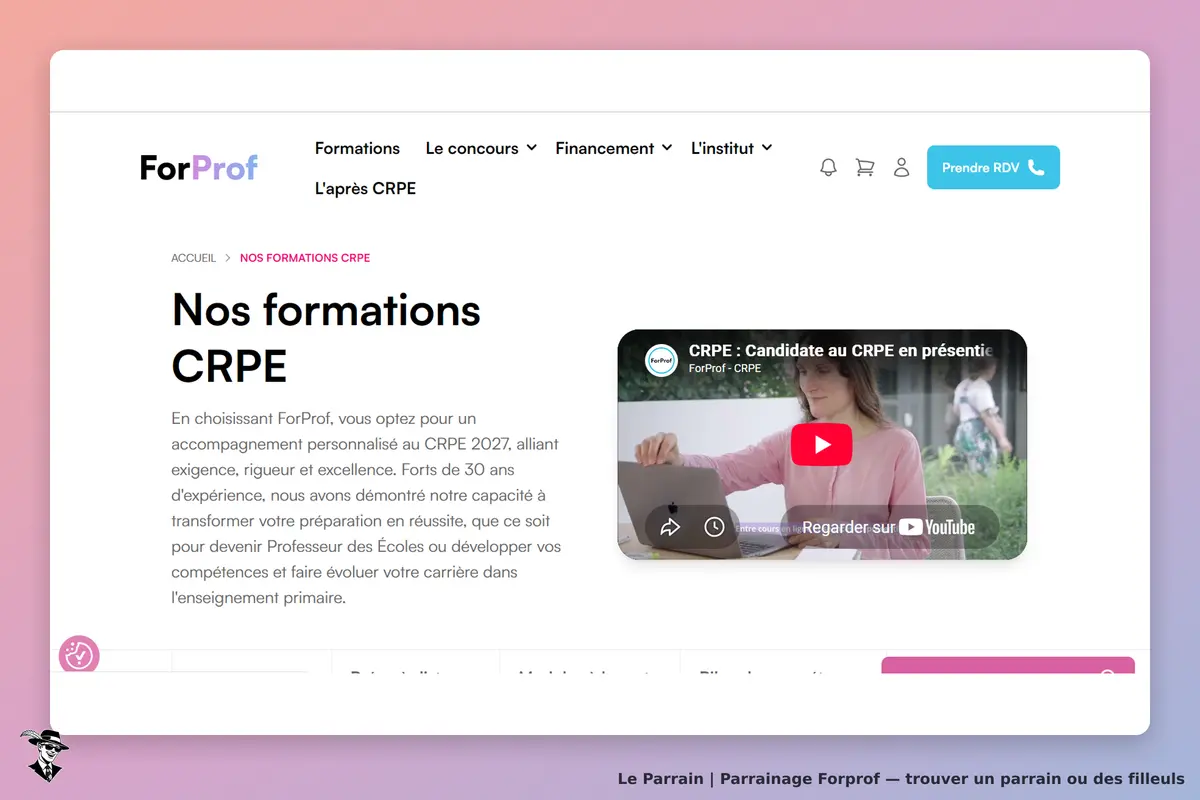 ForProf : page d'accueil présentant les formations CRPE avec vidéo explicative