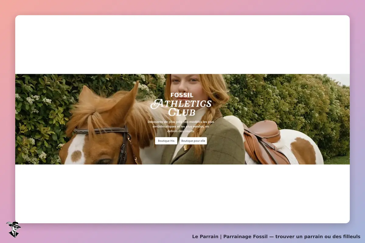 Fossil : une femme souriante avec un cheval sur fond de verdure, titre "ATHLETICS CLUB"