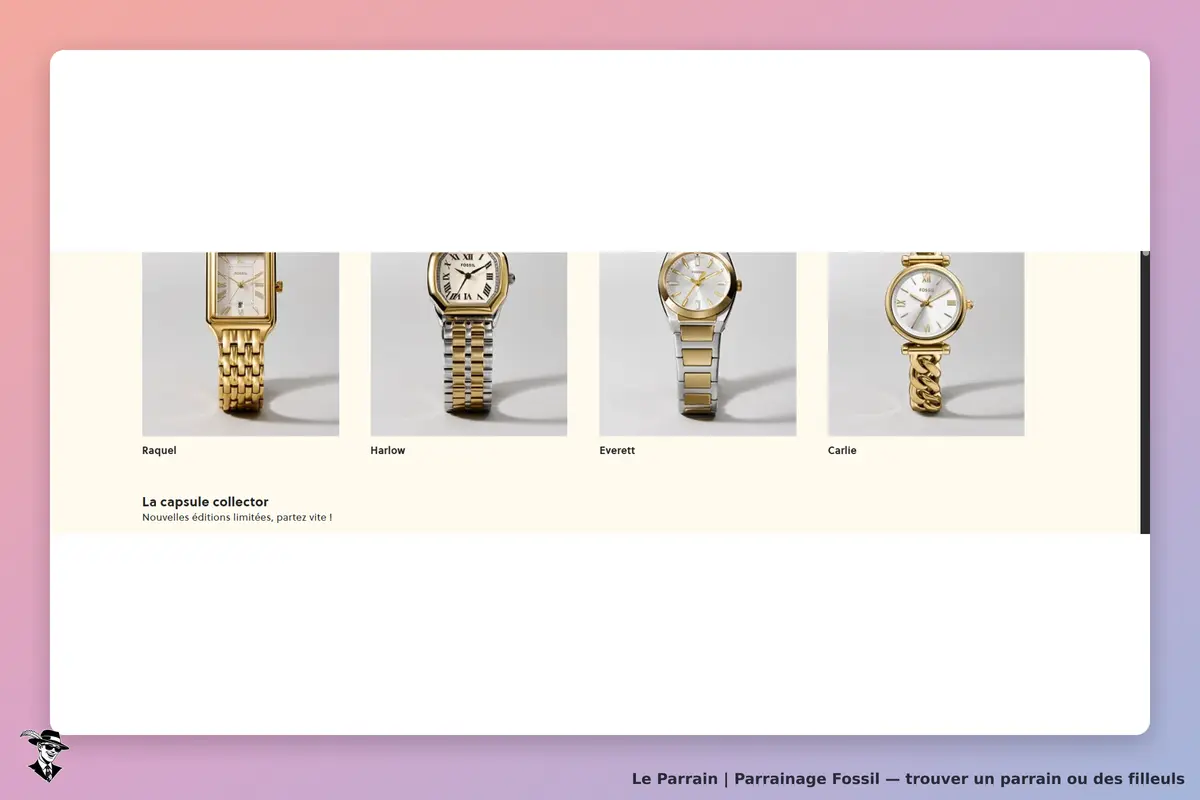Fossil : quatre montres dorées présentées avec leurs noms sous chaque image
