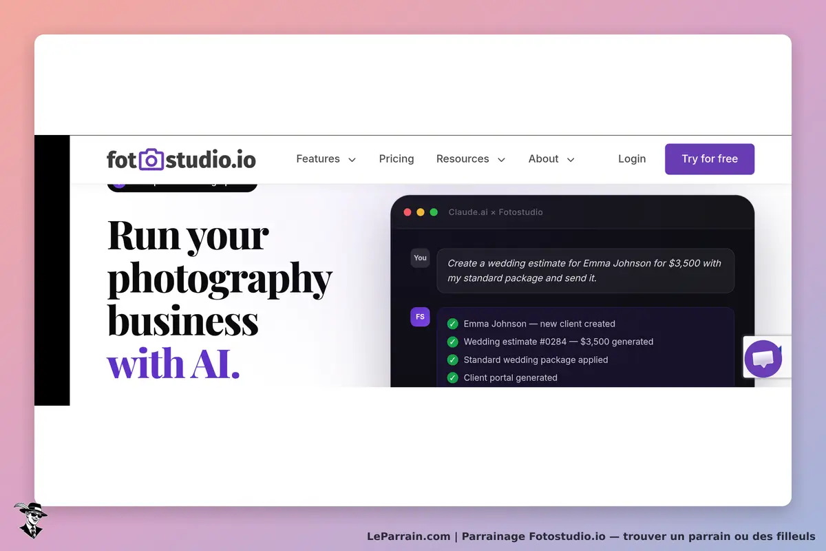 fotostudio.io : page d'accueil présentant un outil d'estimation pour les photographes