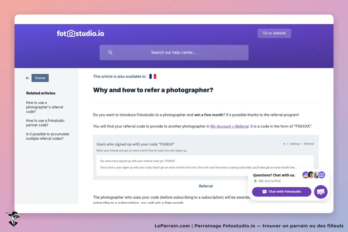 Fotostudio.io : article sur le parrainage d'un photographe avec options de navigation latérale