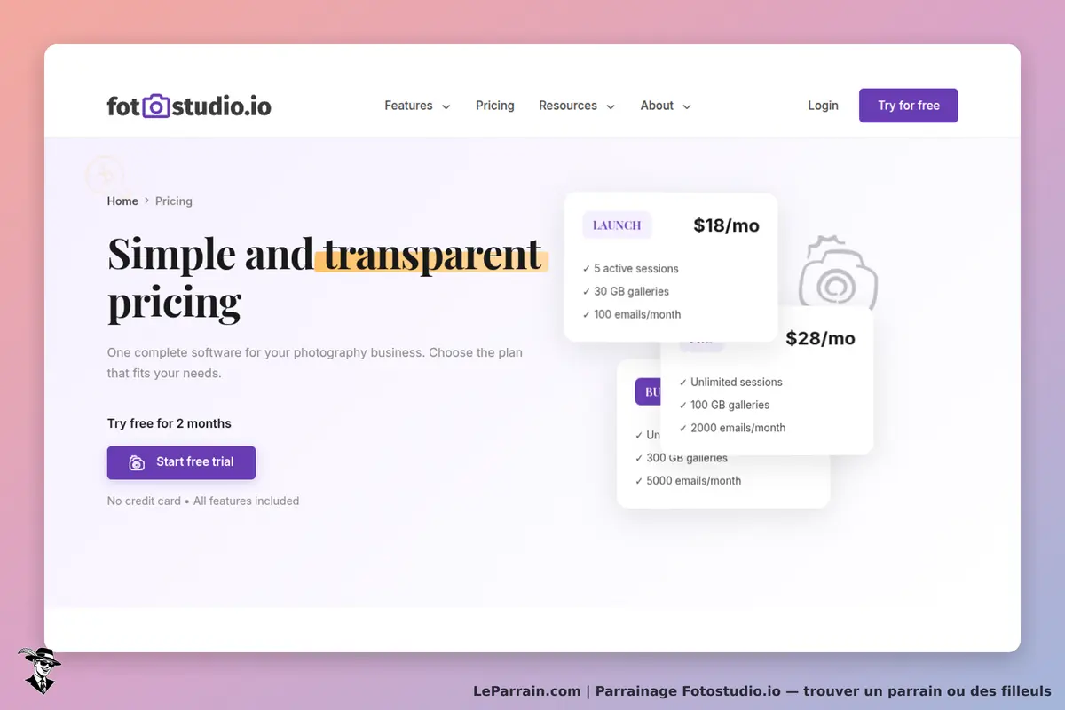 fotostudio.io : page de tarification avec options de plans et bouton d'essai gratuit