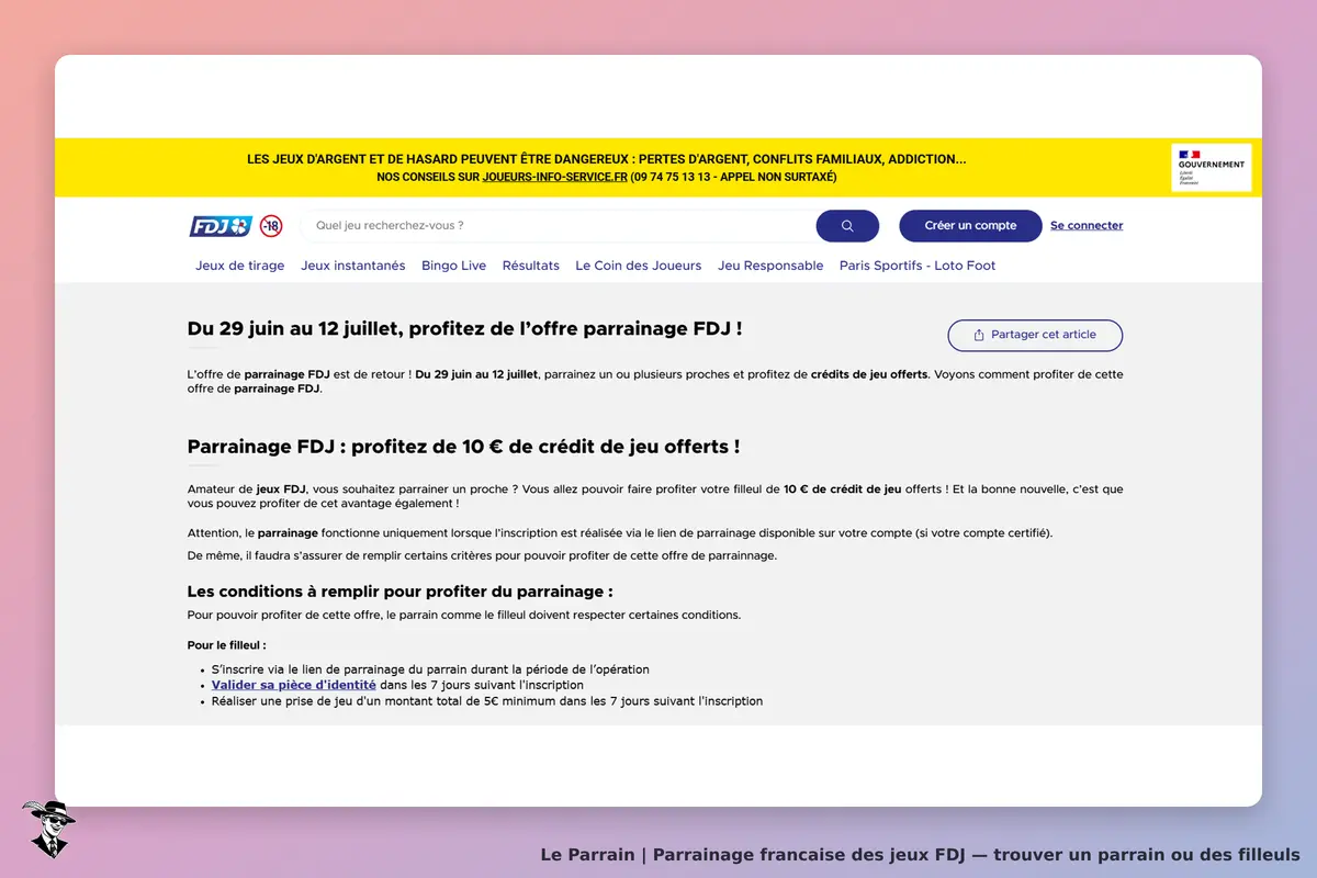 francaise des jeux FDJ : fDJ : page d'accueil présentant l'offre de parrainage avec conditions et