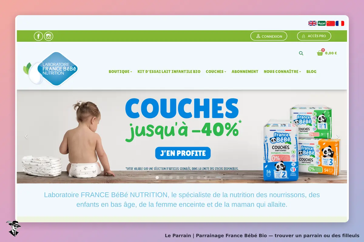 France Bébé Bio : page d'accueil avec un enfant et des paquets de couches affichés