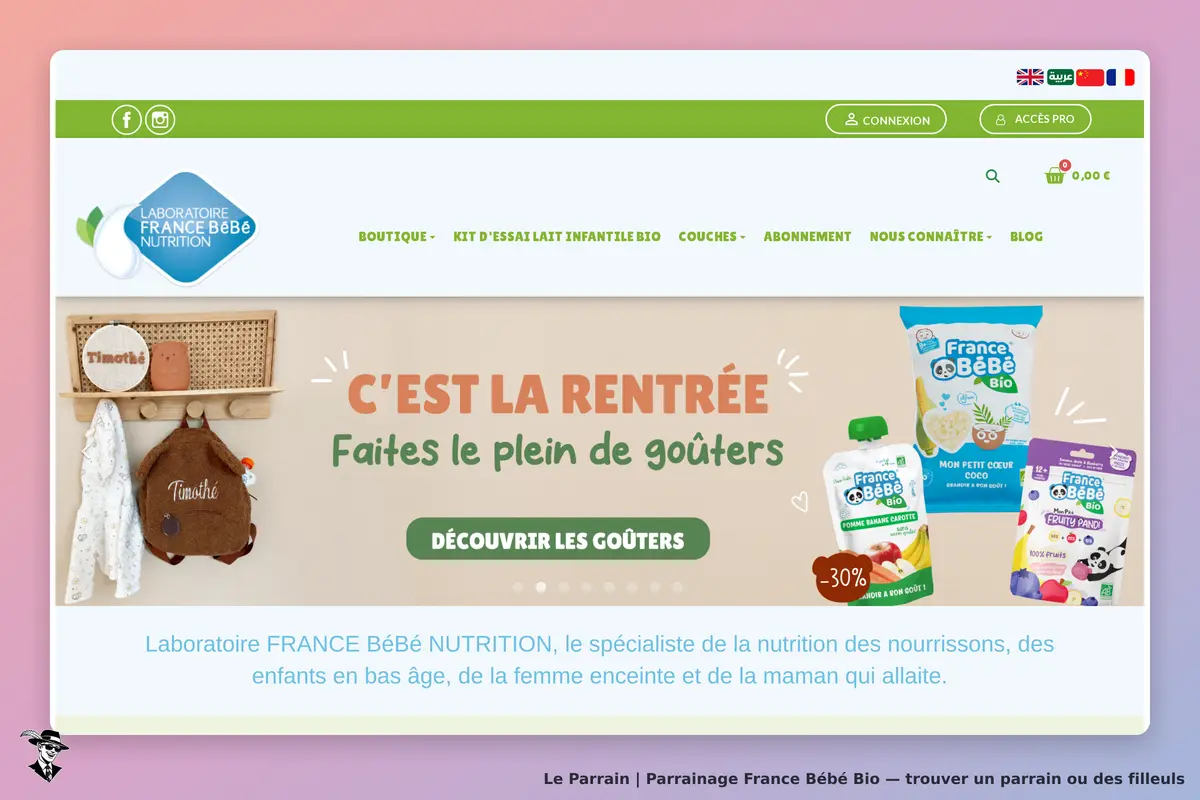 France Bébé Bio : page d'accueil avec produits bio pour bébés et message promotionnel