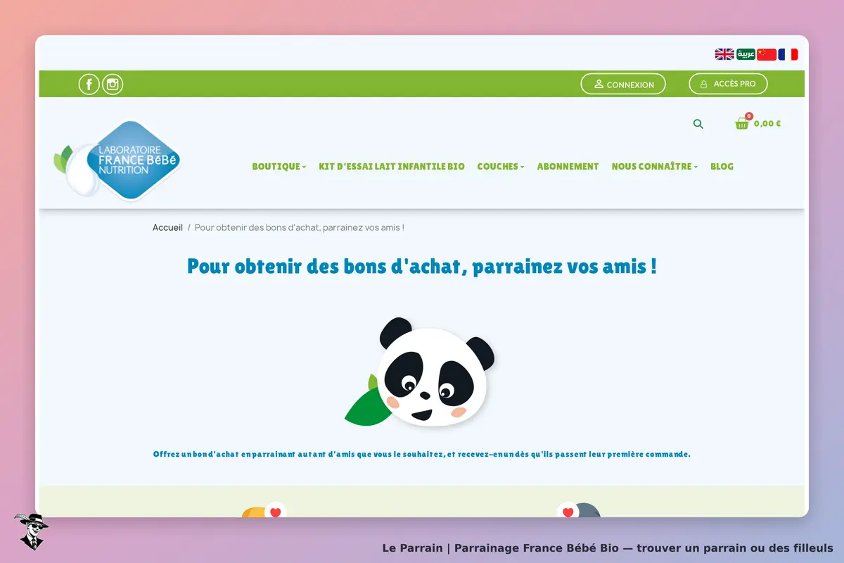 France Bébé Bio : page d'accueil avec un panda et un message sur le parrainage d'amis
