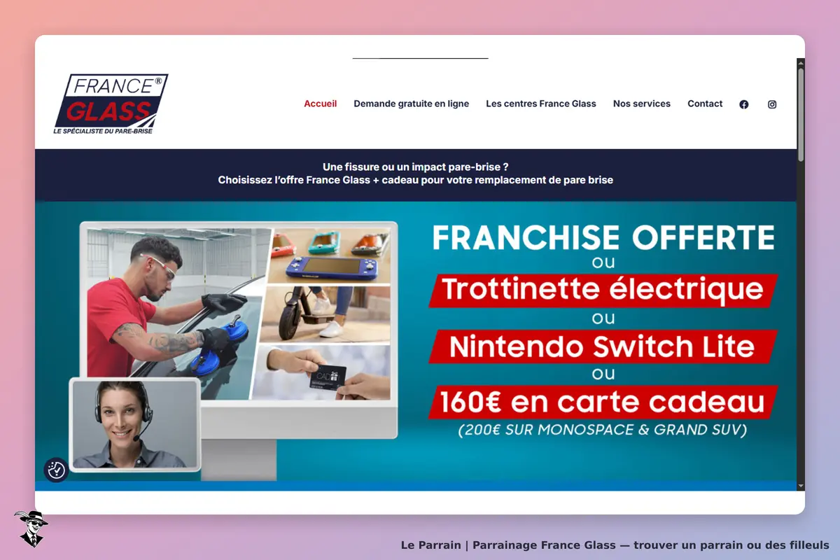 France Glass : page d'accueil avec images de services et produits offerts, incluant un technicien