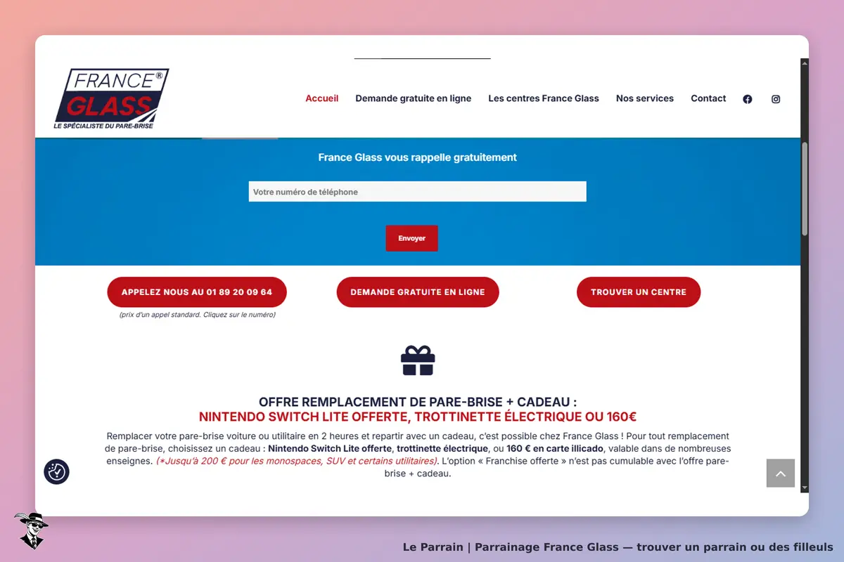 France Glass : page d'accueil avec formulaire pour numéro de téléphone et options de contact