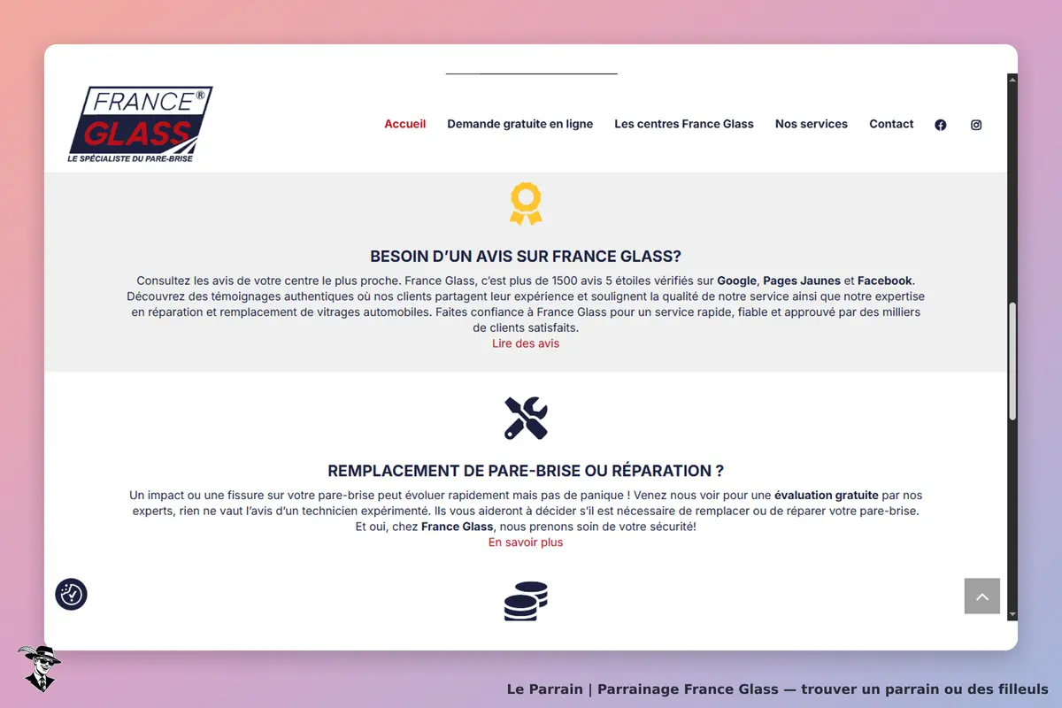 France Glass : page d'accueil avec sections sur les avis clients et le remplacement de pare-brise
