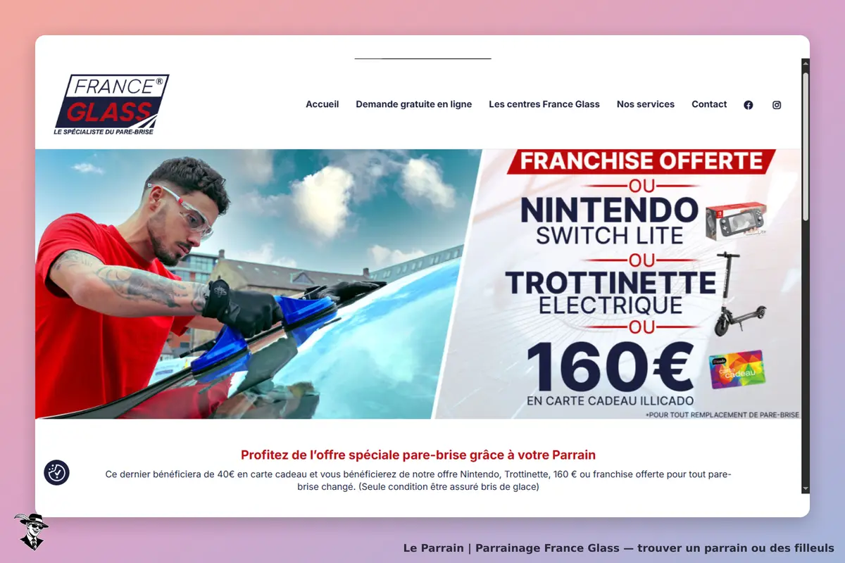 France Glass : un technicien remplace un pare-brise, avec un visuel promotionnel en arrière-plan