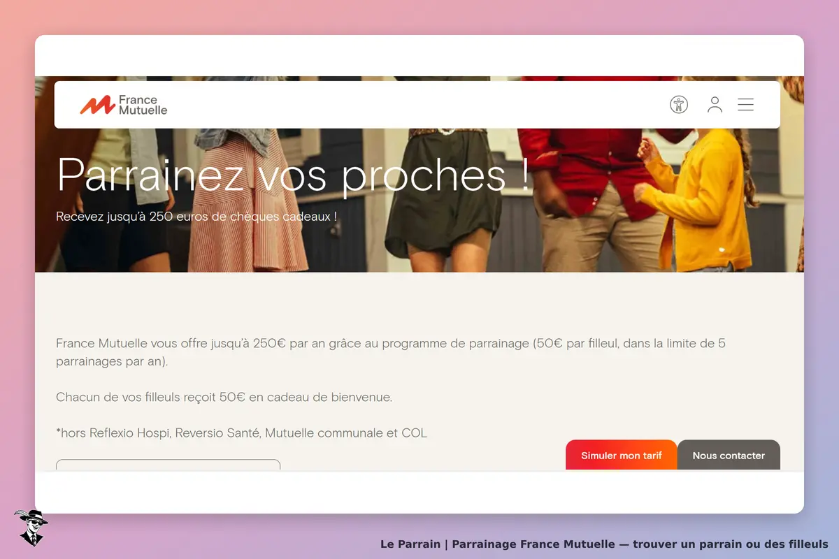 France Mutuelle : page d'accueil avec un message sur le parrainage et des visuels de personnes
