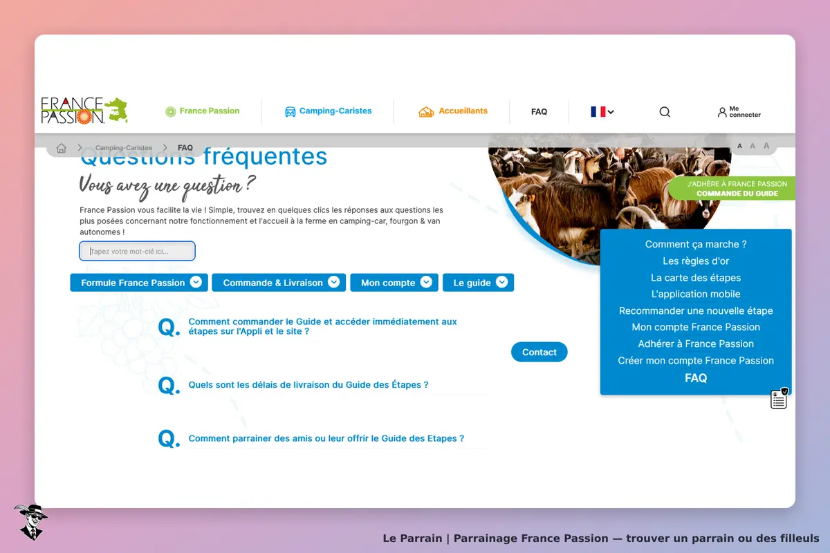 France Passion : page FAQ avec questions fréquentes et options de navigation pour utilisateurs