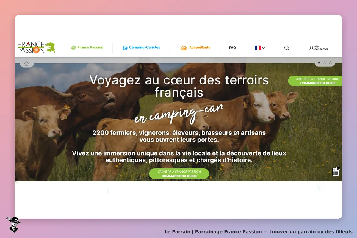 France Passion : accueil avec vaches sur un champ et texte sur le voyage en camping-car