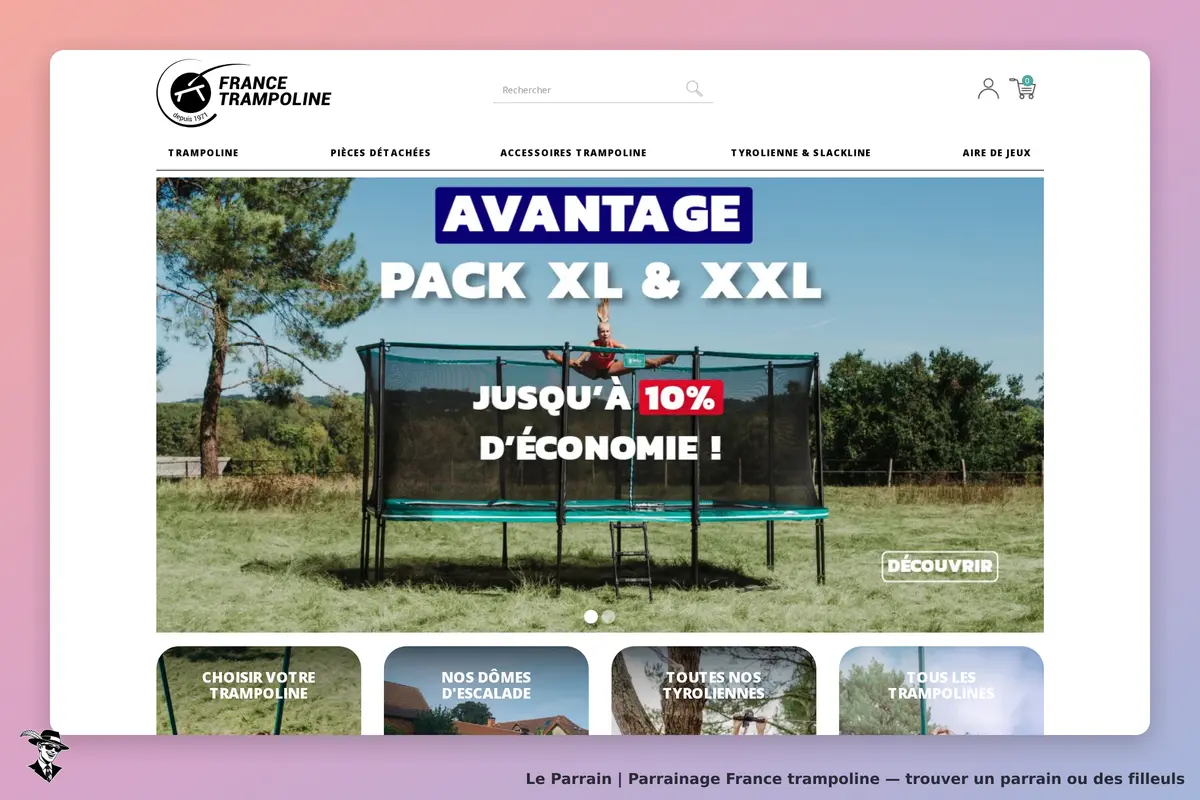 France Trampoline : page d'accueil avec un trampoline et des options de navigation en bas