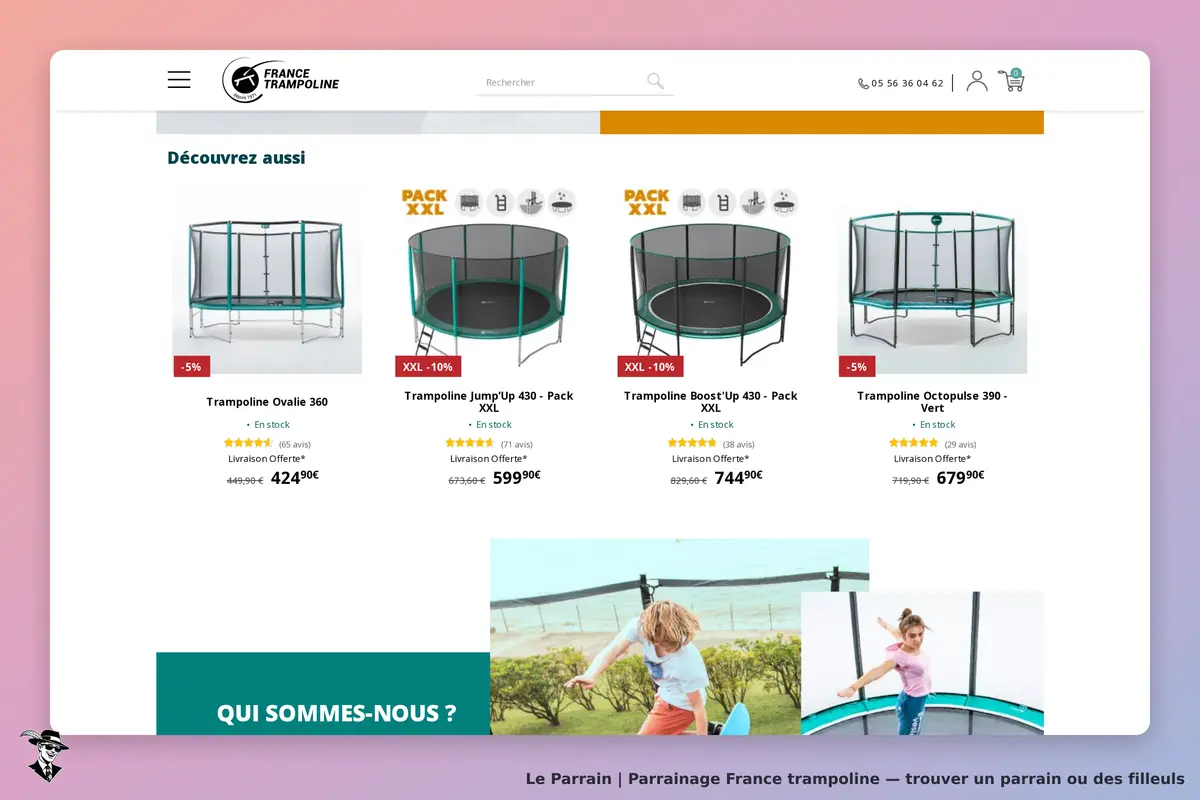 France trampoline : page d'accueil présentant plusieurs modèles de trampolines et images d'enfants