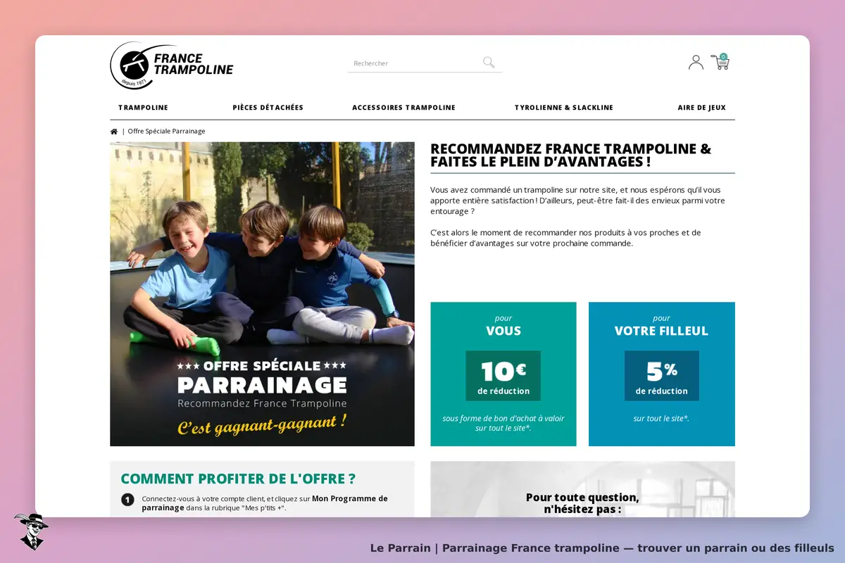 France Trampoline : page d'accueil avec enfants sur un trampoline et informations sur le parrainage