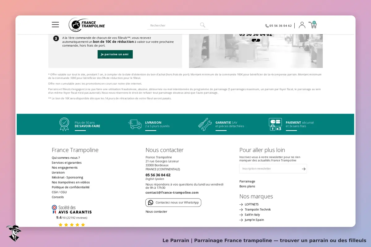 France Trampoline : section inférieure du site avec informations et contact, garantie et livraison