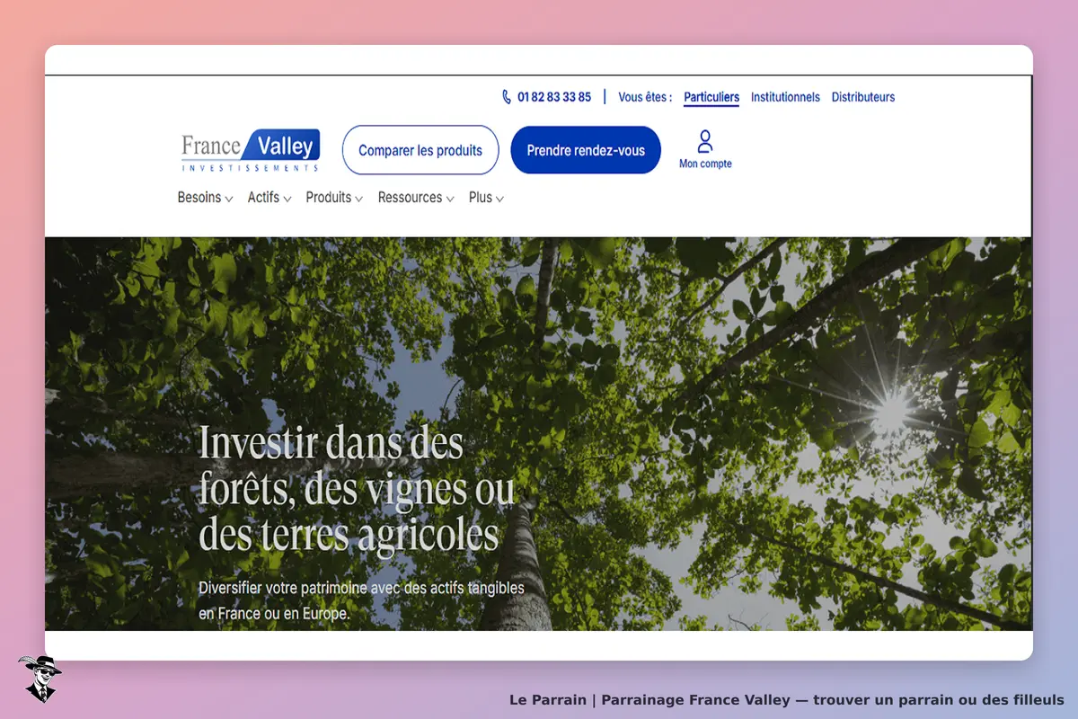 France Valley : page d'accueil avec un ciel visible à travers des arbres et un texte d'invitation