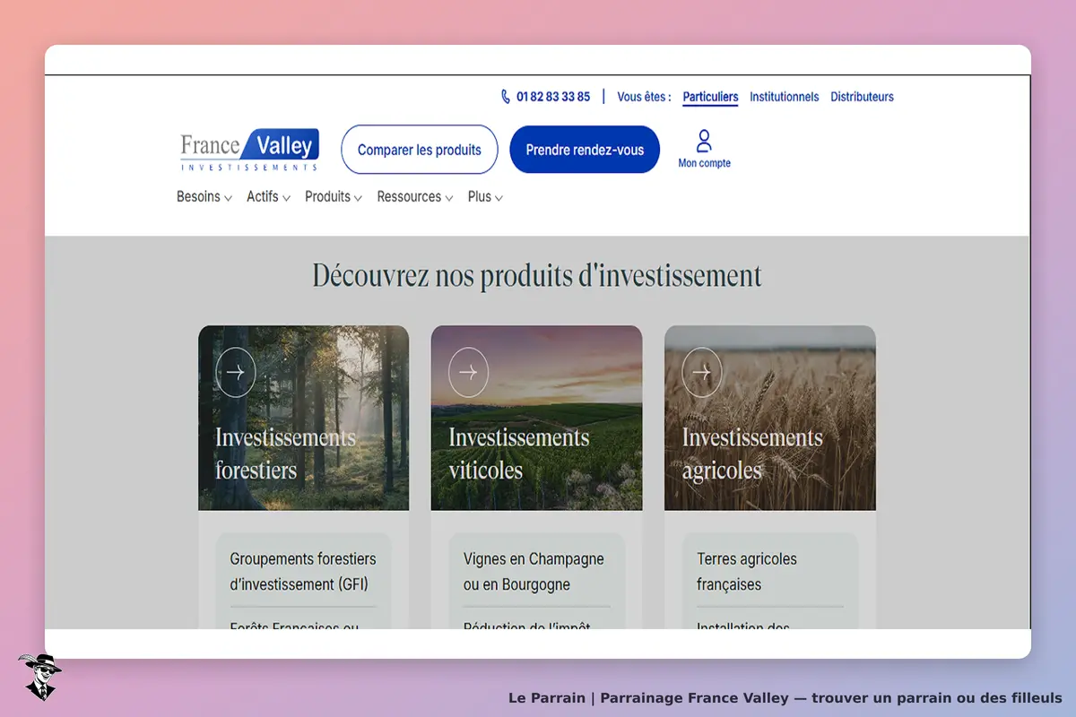 France Valley : page d'accueil présentant des produits d'investissement forestiers, viticoles