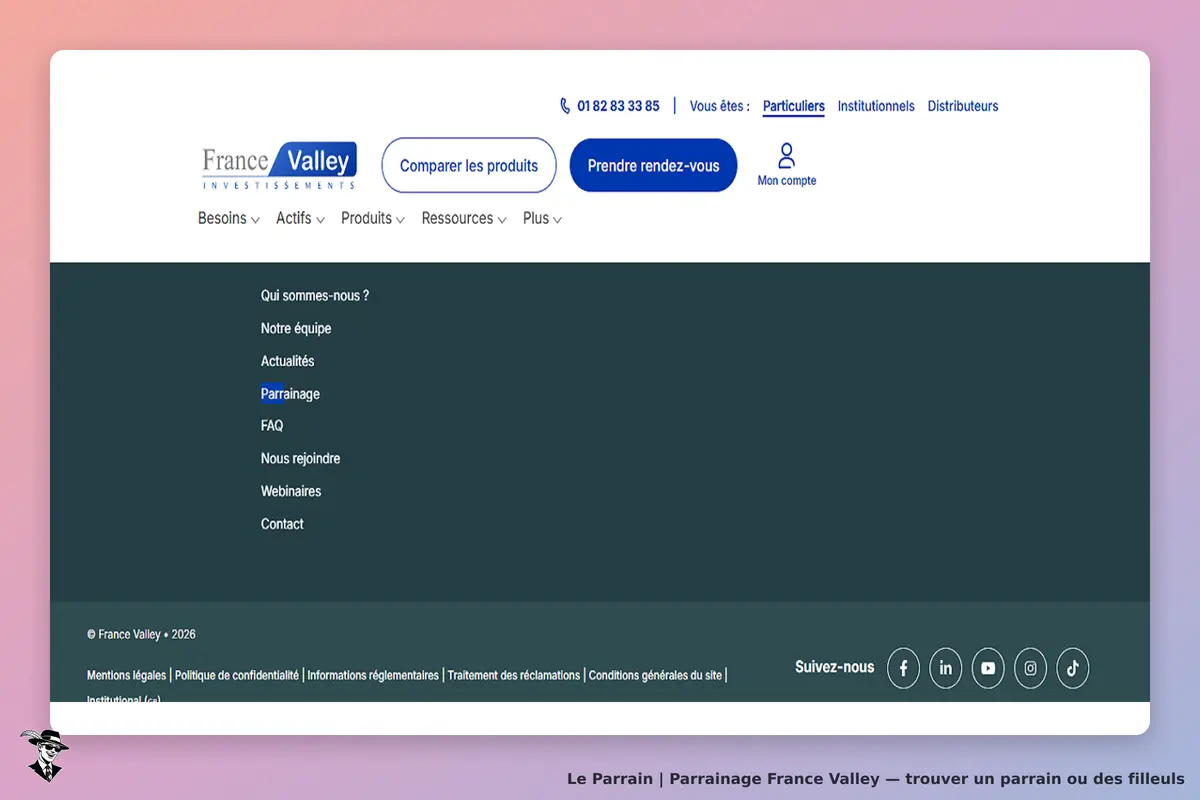 France Valley : menu de navigation avec sections et liens vers parrainage et contact