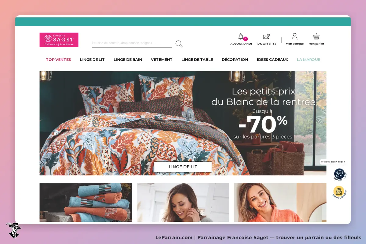 Francoise Saget : page d'accueil avec parures de lit colorées et serviettes empilées