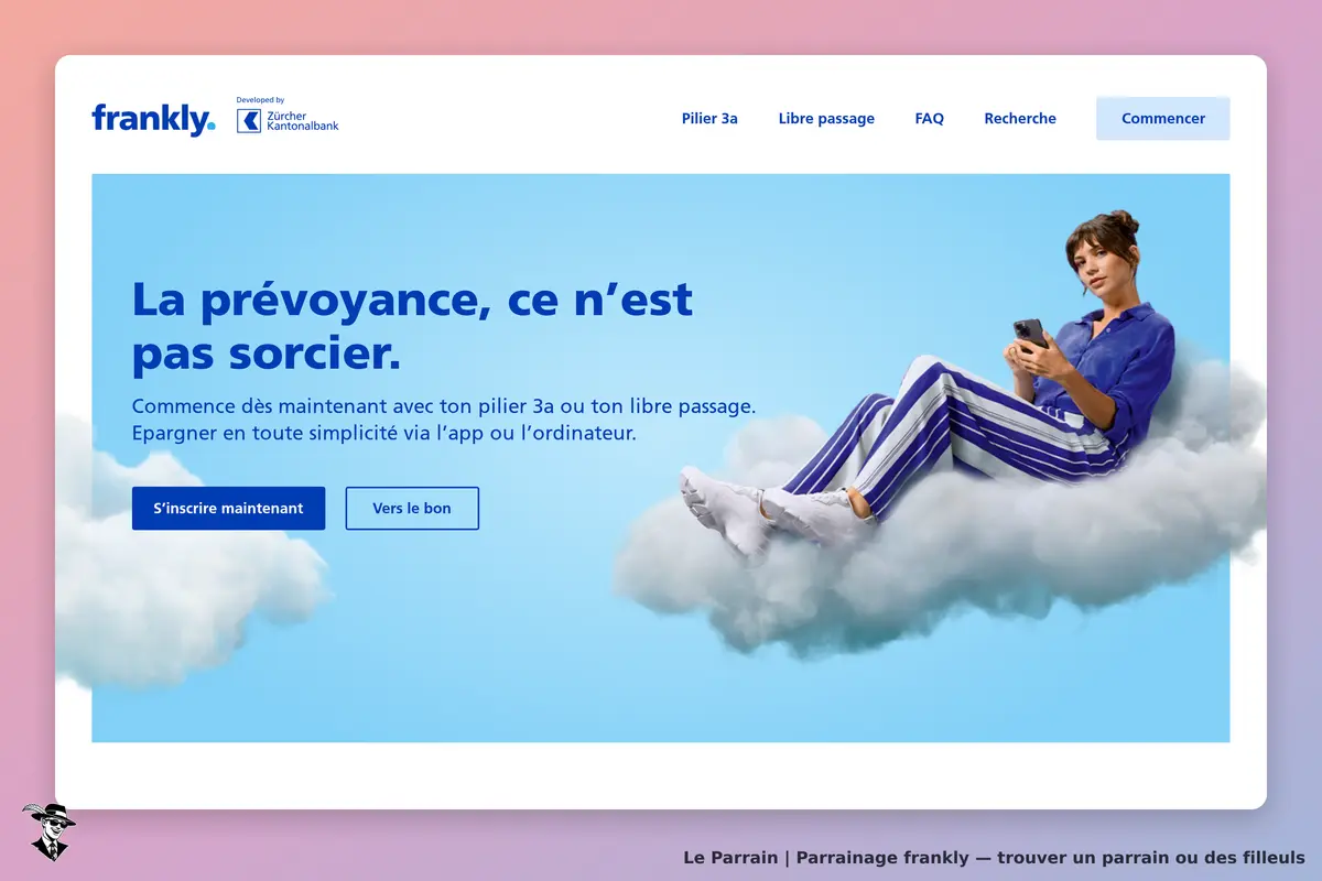 frankly : page d'accueil avec une femme assise sur un nu, tenant un smartphone et souriant