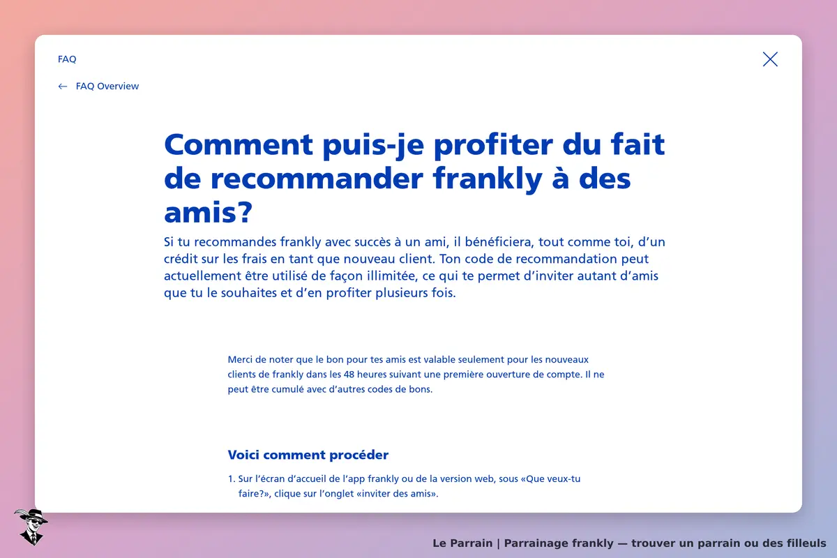 frankly : section FAQ expliquant comment recommander le service à des amis