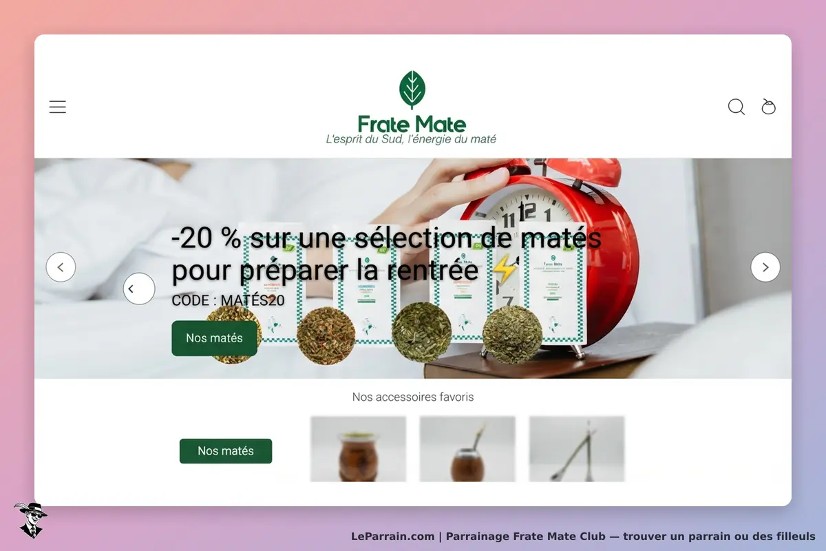 Frate Mate Club : frate Mate : page d'accueil avec produits de maté et un réveil rouge en