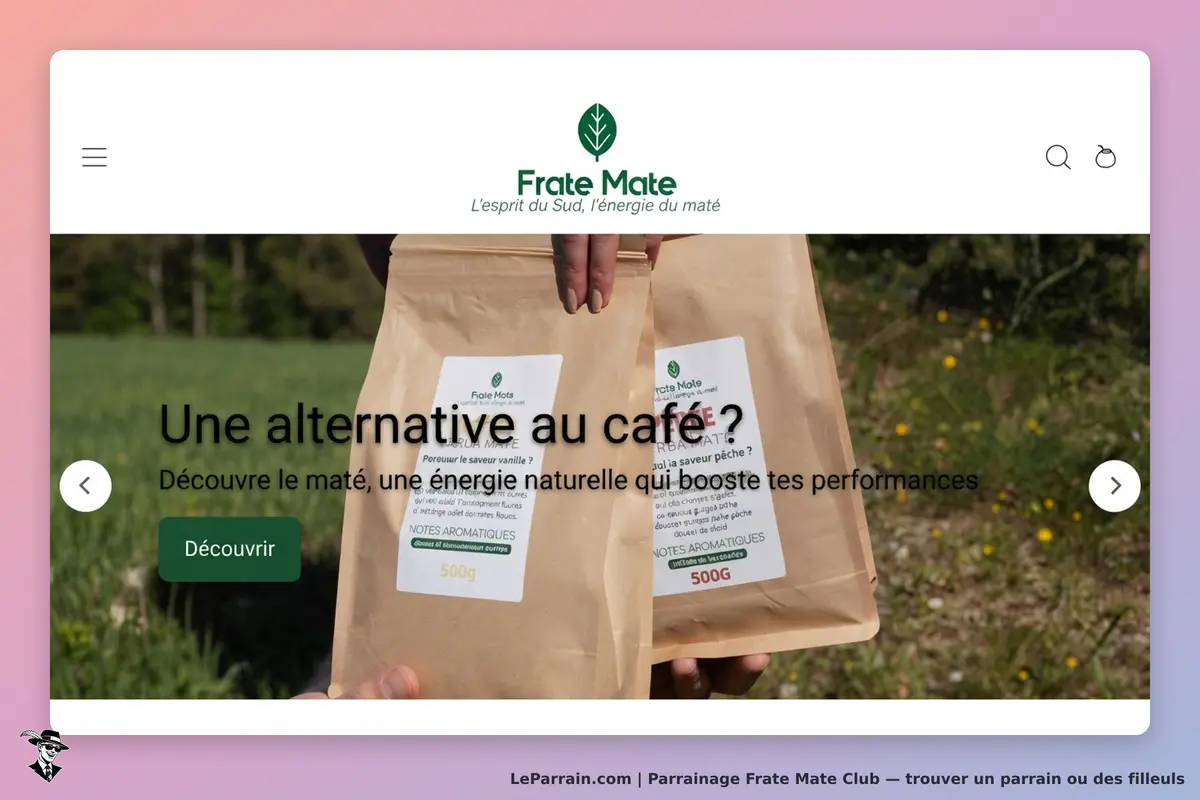 Frate Mate Club : frate Mate : page d'accueil avec des sachets de maté en main sur fond naturel
