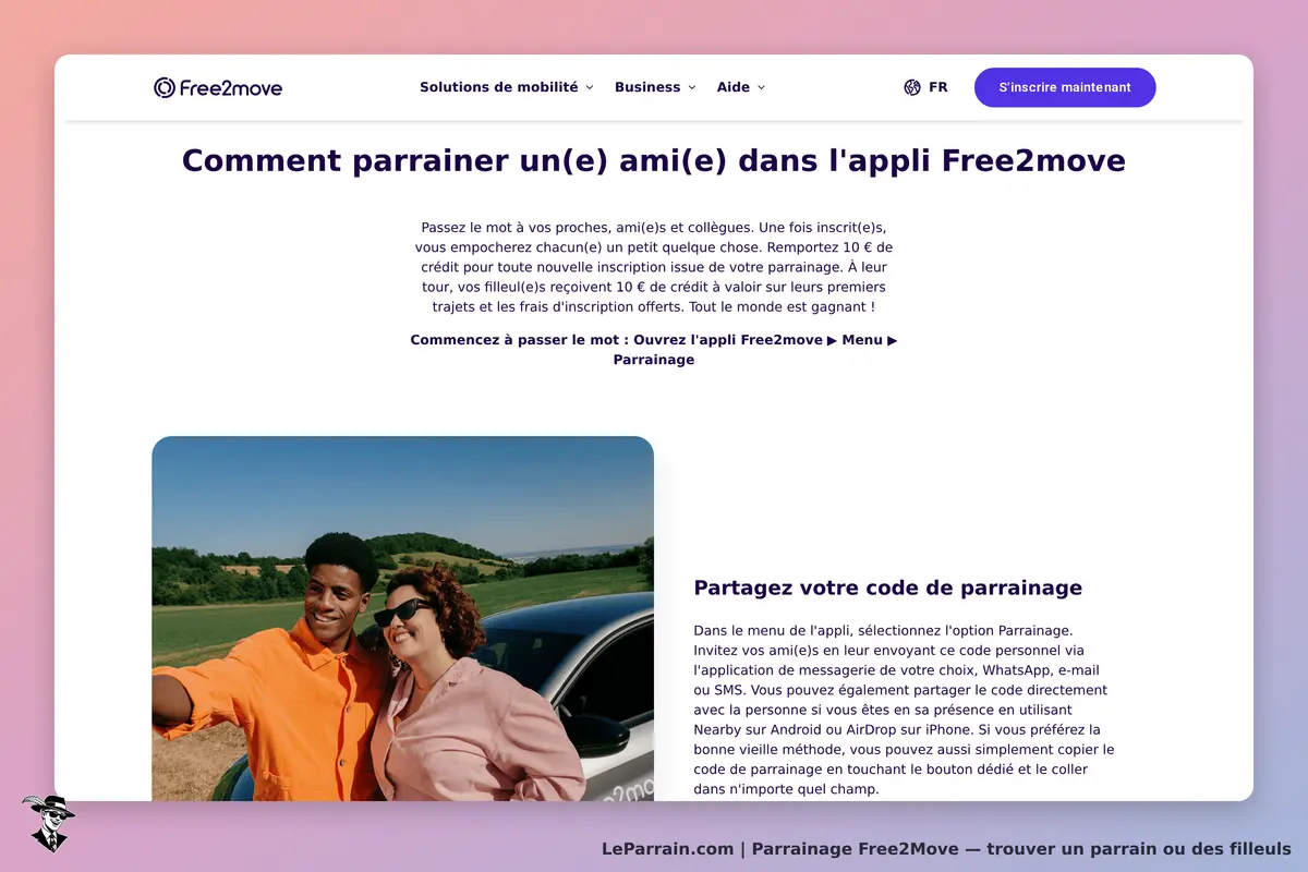Free2Move : page sur le parrainage avec texte explicatif et photo de deux personnes souriantes