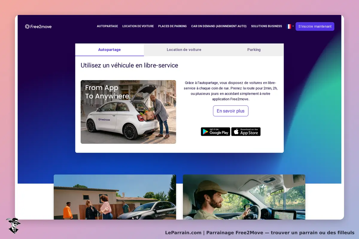 Free2Move : page d'accueil avec options d'autopartage et images de véhicules en libre-service