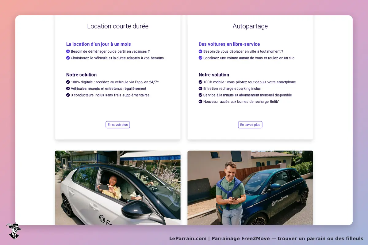 Free2Move : page d'accueil avec options de location et d'autopartage, images de voitures et