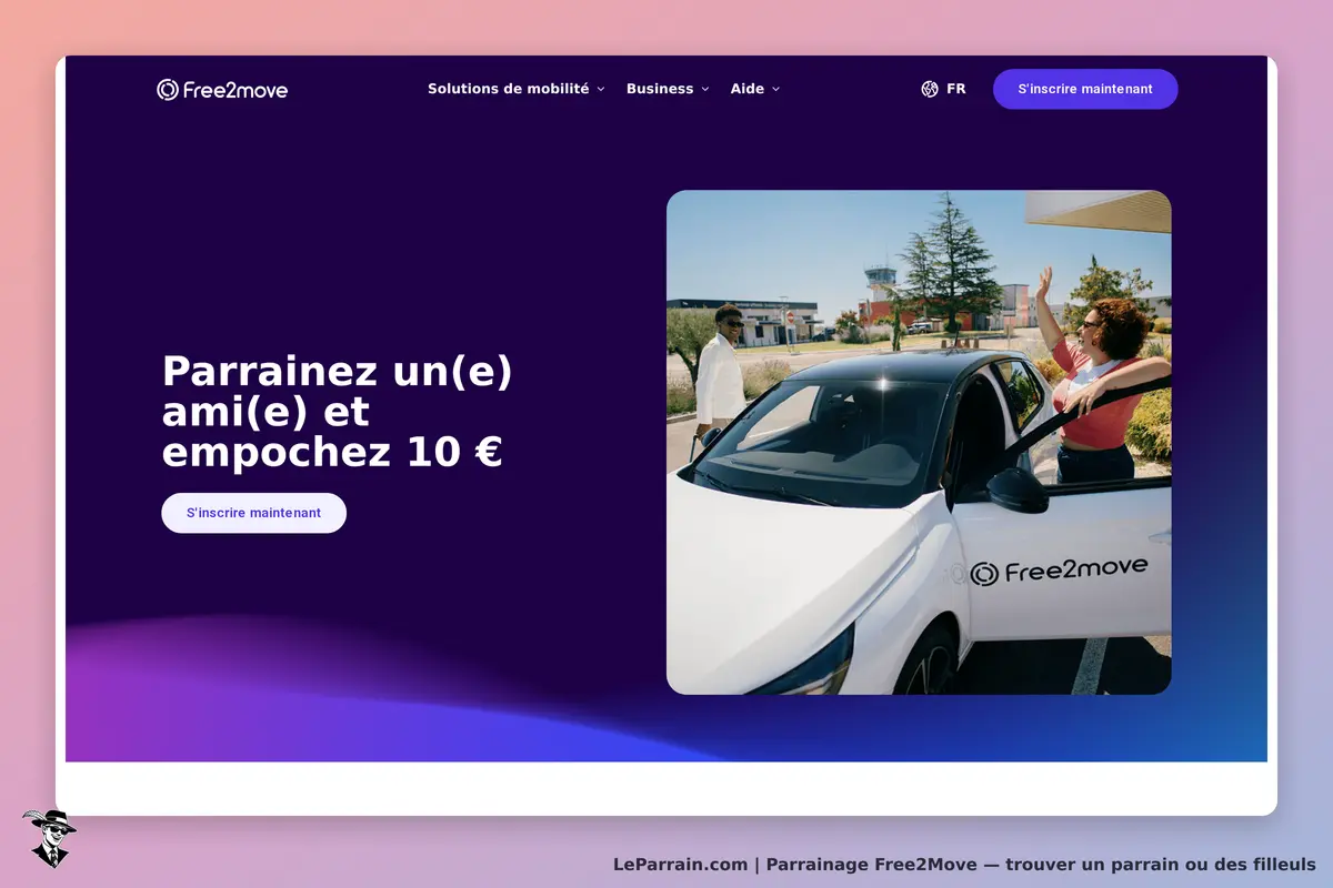 Free2Move : page d'accueil avec une invitation à parrainer un ami et une voiture en arrière-plan