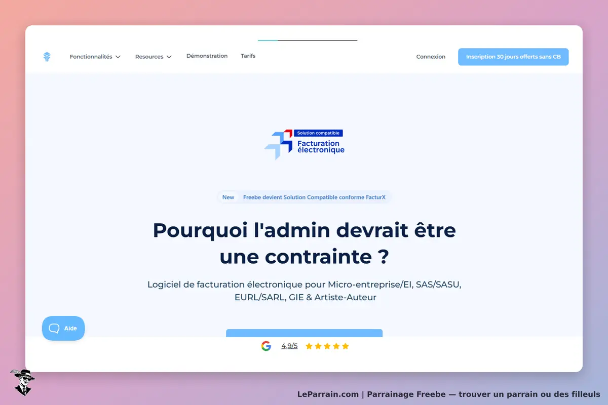 Freebe : page d'accueil présentant un logiciel de facturation électronique avec un slogan