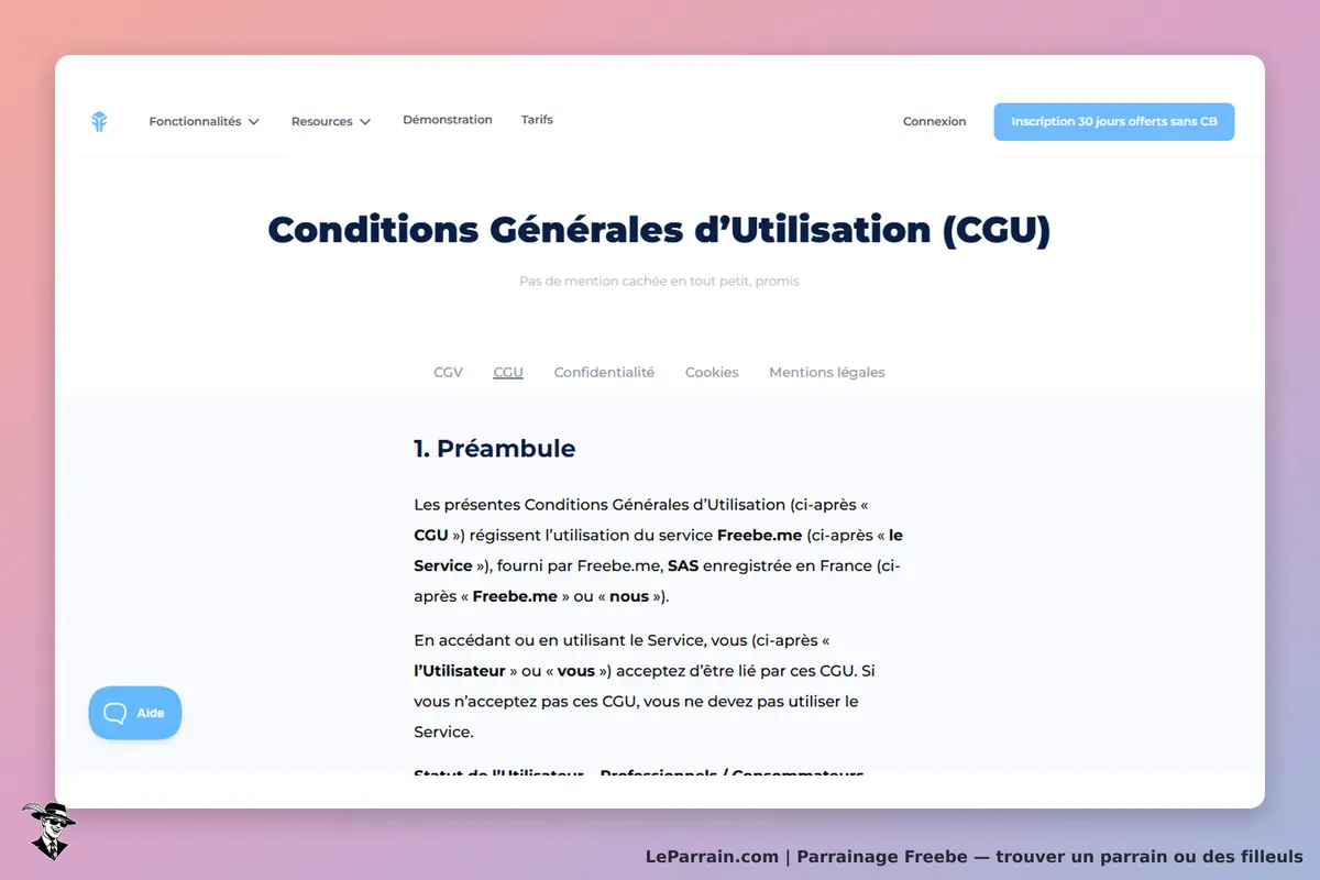 Freebe : page des Conditions Générales d'Utilisation avec sections et option d'aide visible