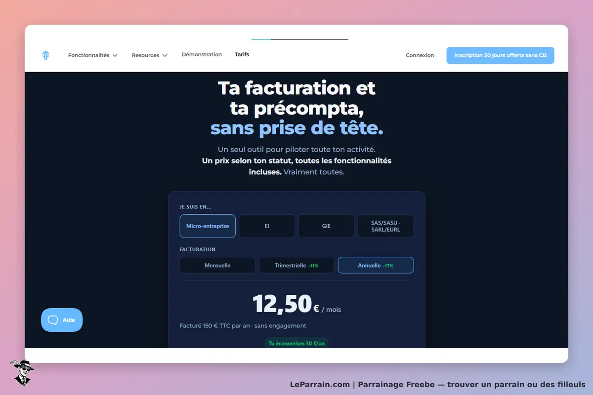 Freebe : page d'accueil avec options de statut et choix de facturation pour une activité
