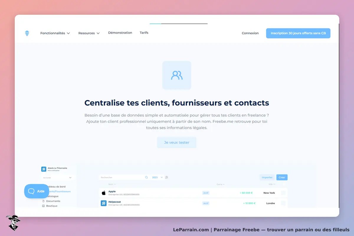Freebe : page d'accueil présentant un tableau de clients et un message d'invitation à tester