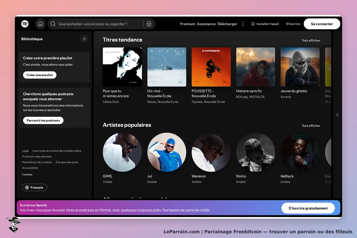 Freebitcoin : page d'accueil avec titres tendance et artistes populaires sur fond sombre