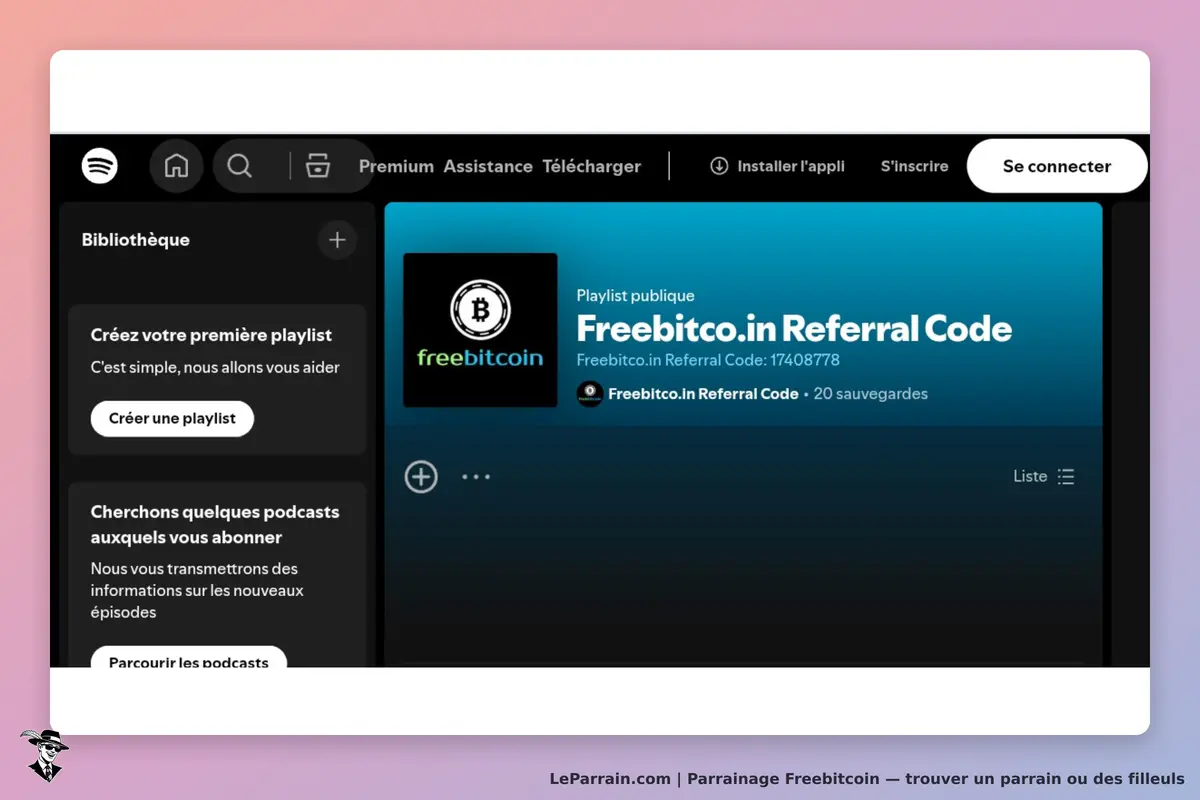 Freebitcoin : page de playlist publique avec le code de parrainage affiché