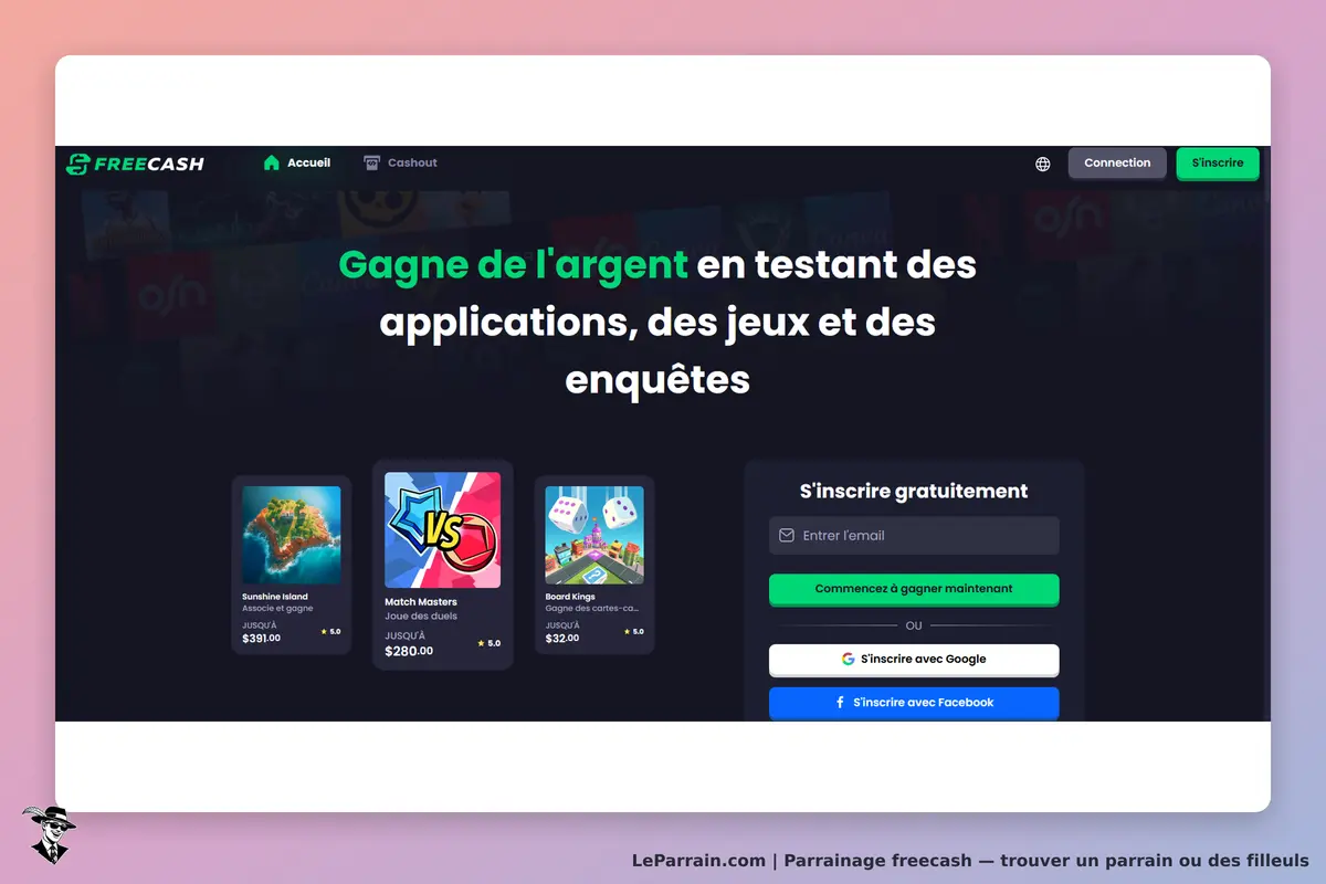 FREECASH : page d'accueil affichant des jeux et un formulaire d'inscription