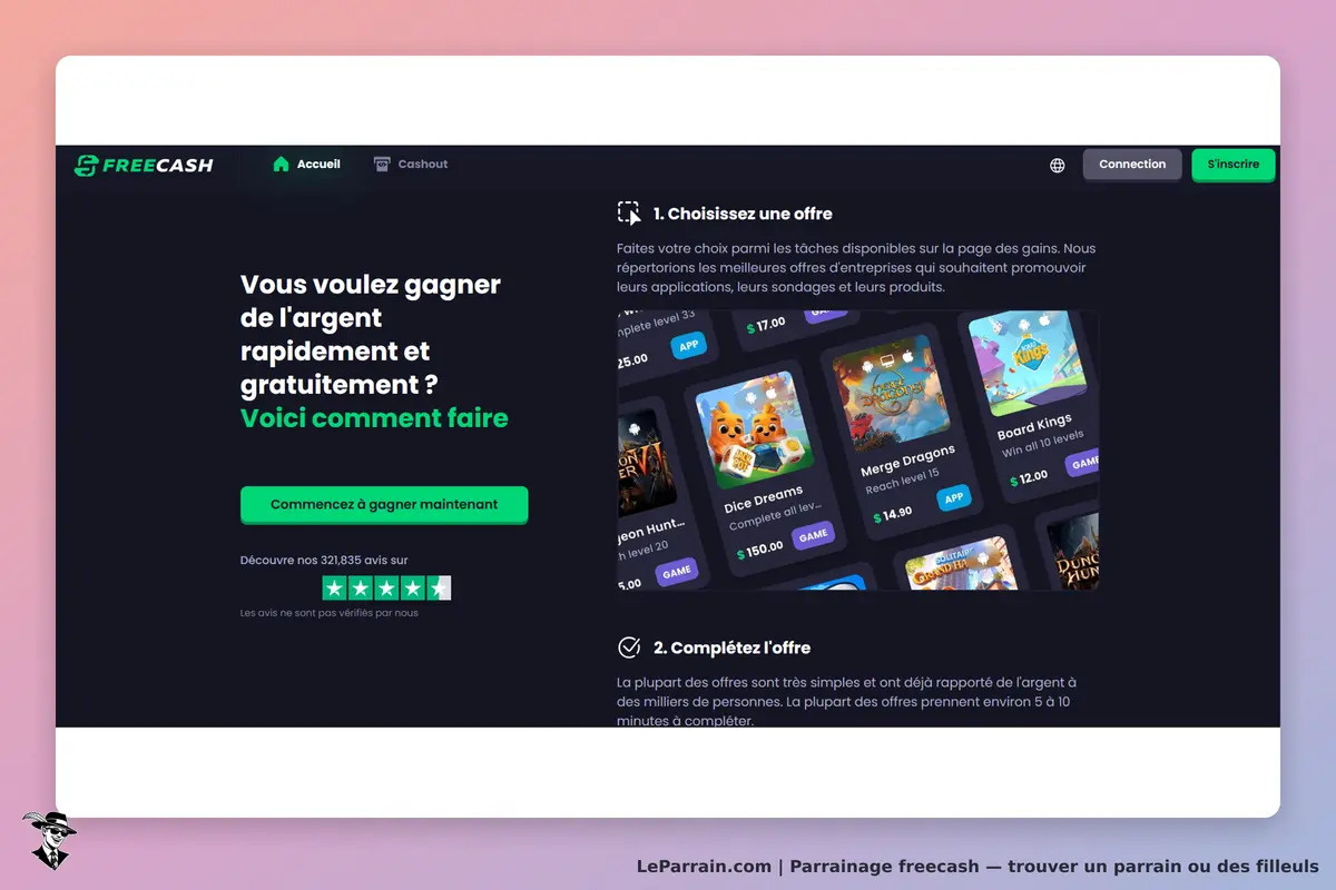FREECASH : page d'accueil présentant des offres et un bouton pour commencer à gagner