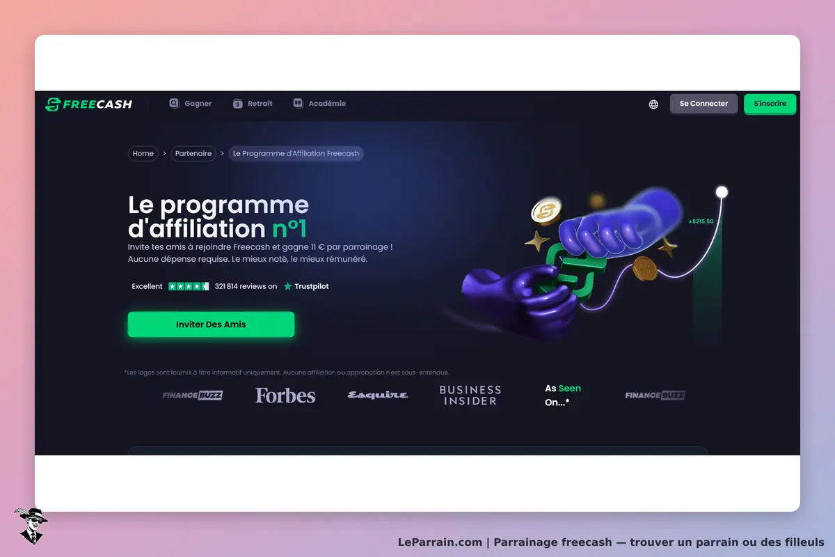 Freecash : page d'accueil présentant le programme d'affiliation avec des illustrations et un bouton