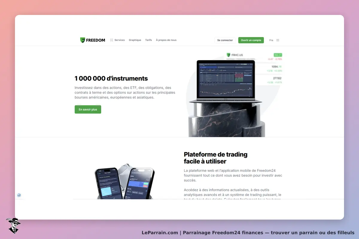 Freedom24 finances : freedom24 : page d'accueil présentant des instruments financiers et une