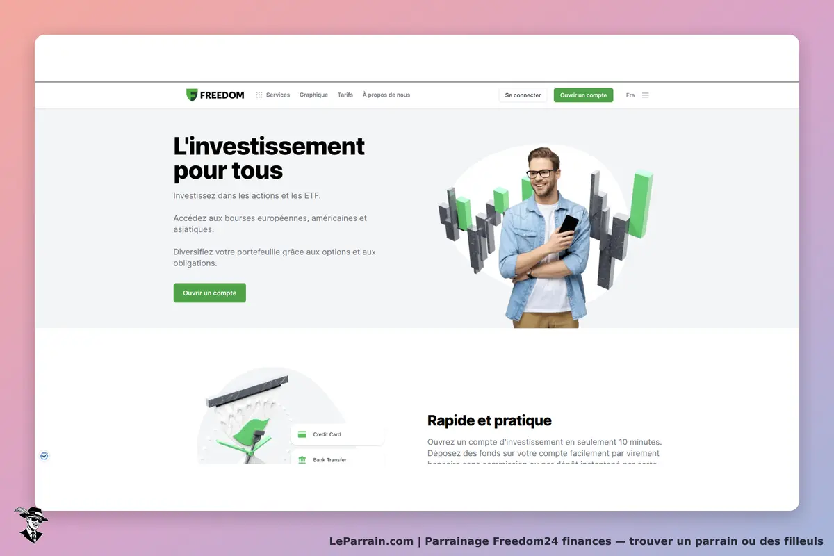 Freedom24 finances : freedom24 : page d'accueil présentant l'investissement avec un homme et des