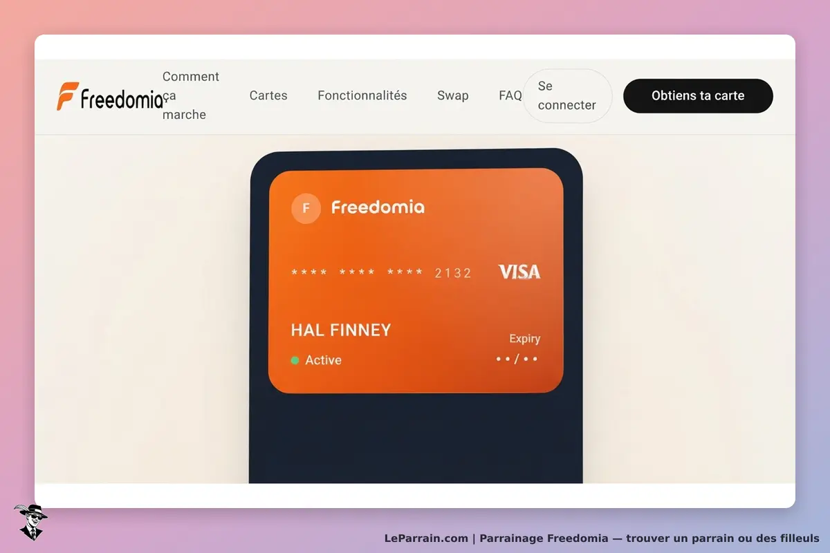 Freedomia : carte de paiement avec nom, numéro et statut actif affichés sur fond clair