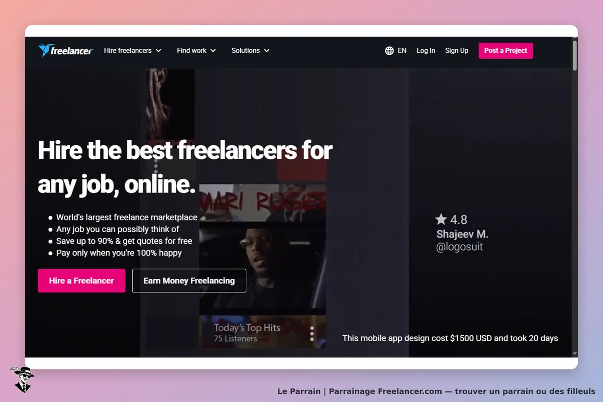 Freelancer.com : freelancer : page d'accueil présentant des services de freelance et options