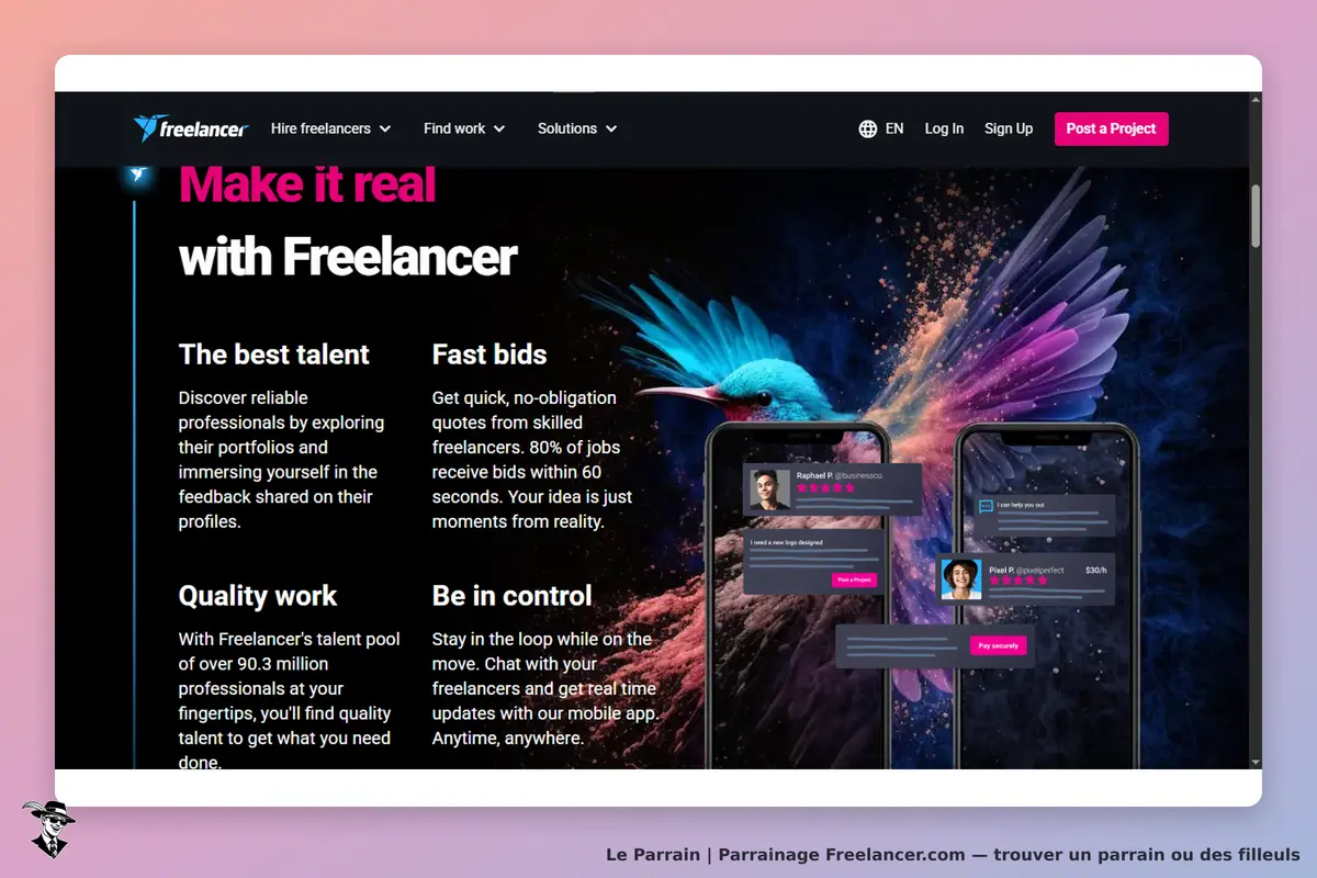 Freelancer.com : page d'accueil avec un visuel coloré et des smartphones affichant des messages